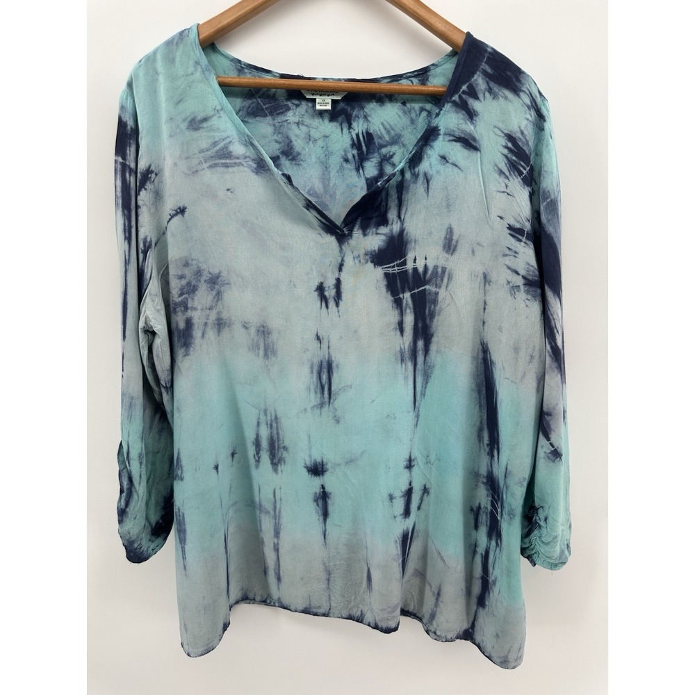 Tantrums Plus 1X Blue Tie Dye Boho Top Flowy Tunic V-Neck 3/4 Sleeve Resort EE52